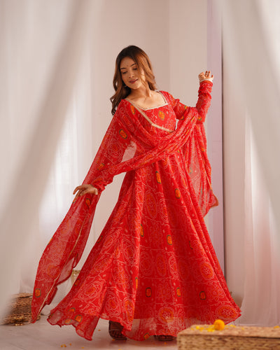 Radiant Red Pure Soft Chiffon Bandhej Anarkali Set with Dupatta & Pant