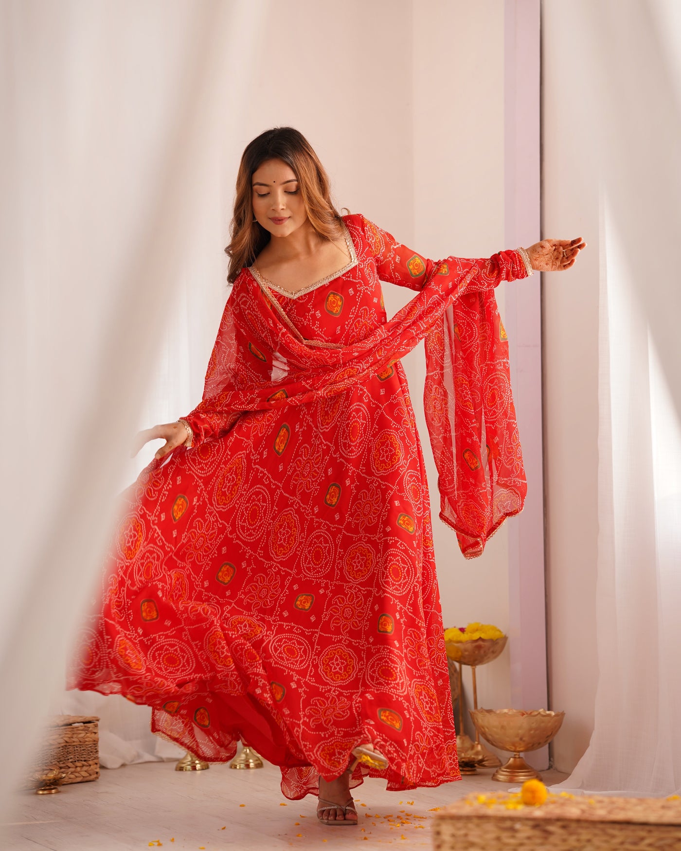 Radiant Red Pure Soft Chiffon Bandhej Anarkali Set with Dupatta & Pant