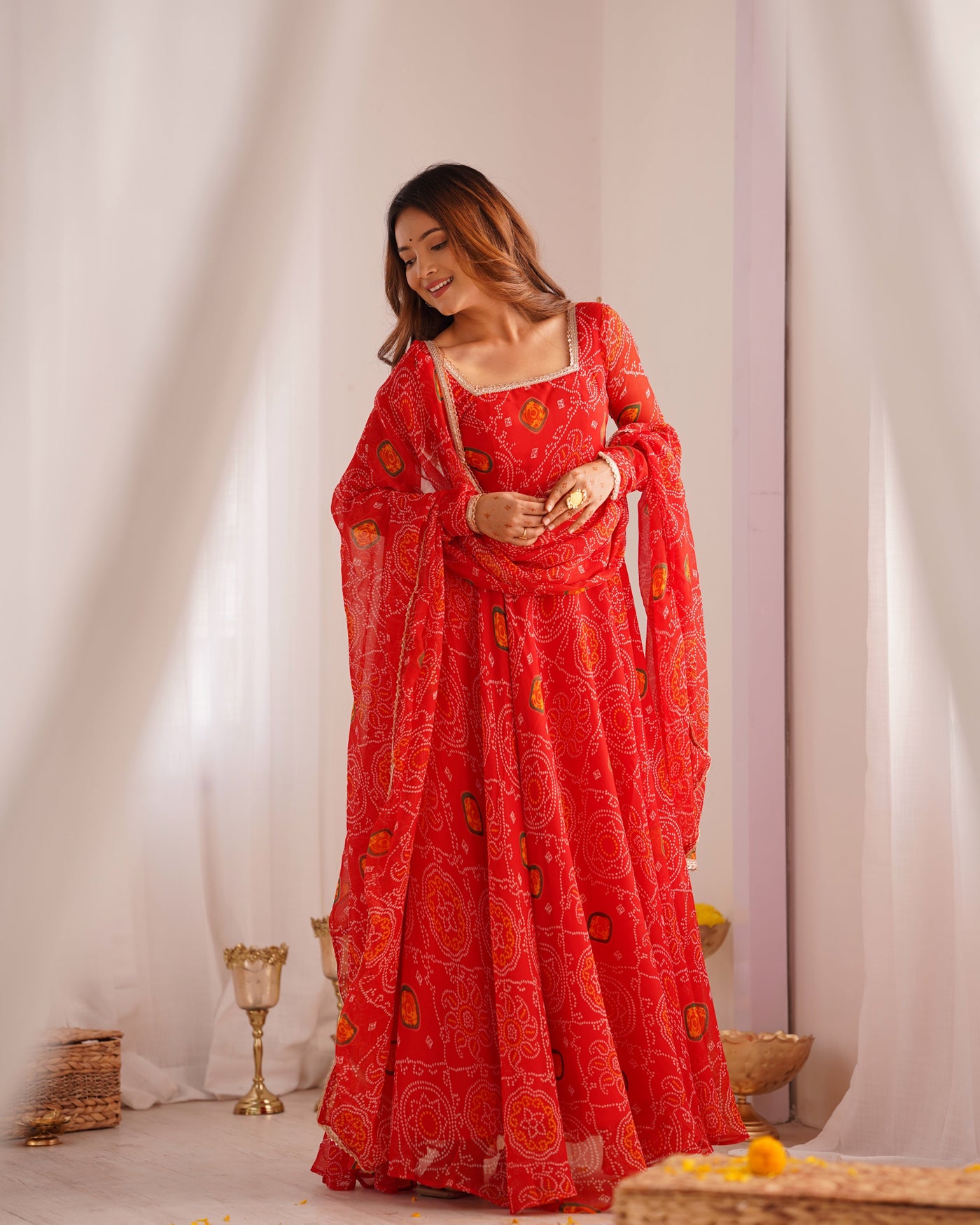 Radiant Red Pure Soft Chiffon Bandhej Anarkali Set with Dupatta & Pant