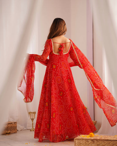 Radiant Red Pure Soft Chiffon Bandhej Anarkali Set with Dupatta & Pant