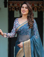 Teal Blue Plain Chiffon Saree with Gold Zari Border, Floral Printed Blouse & Tassel Detailing