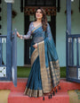 Teal Blue Plain Chiffon Saree with Gold Zari Border, Floral Printed Blouse & Tassel Detailing