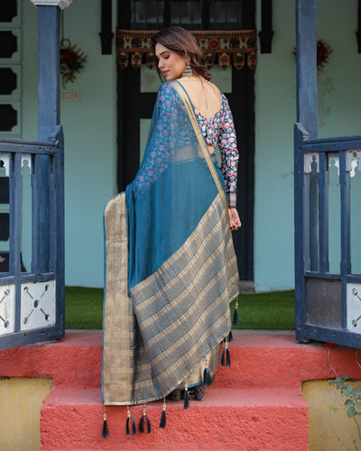 Teal Blue Plain Chiffon Saree with Gold Zari Border, Floral Printed Blouse & Tassel Detailing