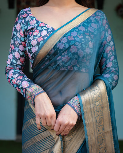 Teal Blue Plain Chiffon Saree with Gold Zari Border, Floral Printed Blouse & Tassel Detailing