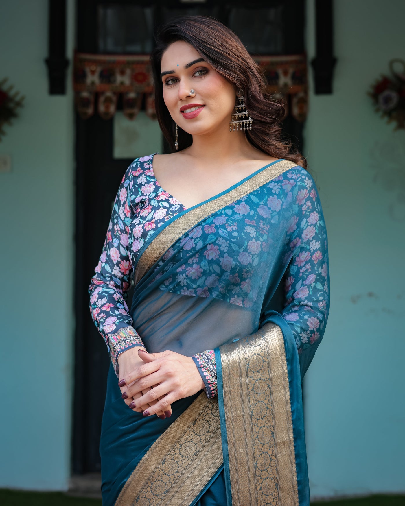 Teal Blue Plain Chiffon Saree with Gold Zari Border, Floral Printed Blouse & Tassel Detailing