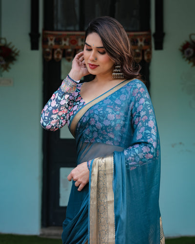 Teal Blue Plain Chiffon Saree with Gold Zari Border, Floral Printed Blouse & Tassel Detailing