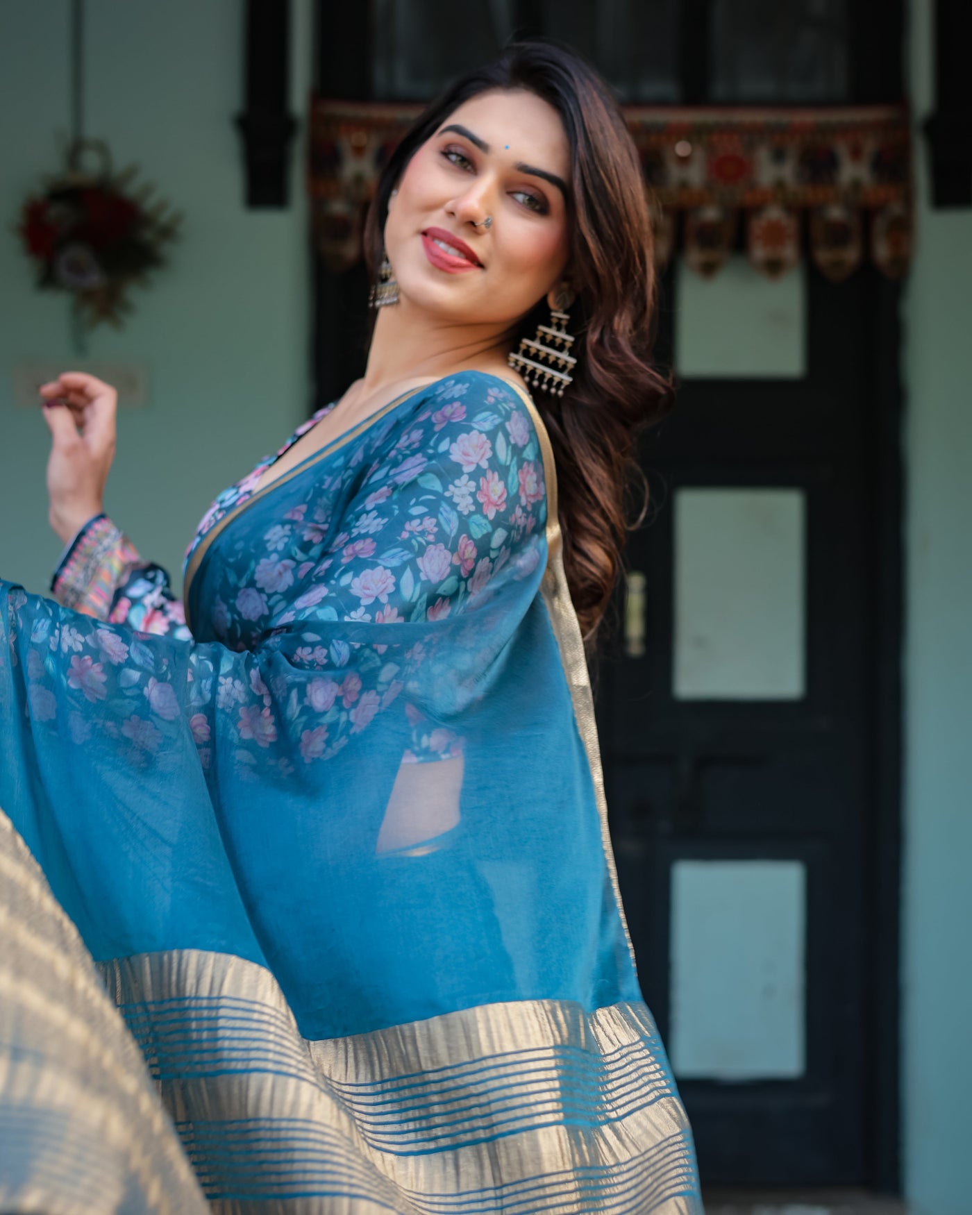 Teal Blue Plain Chiffon Saree with Gold Zari Border, Floral Printed Blouse & Tassel Detailing