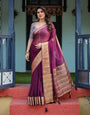 Majestic Plum Plain Chiffon Saree with Gold Zari Border, Printed Designer Blouse & Tassel Detailing