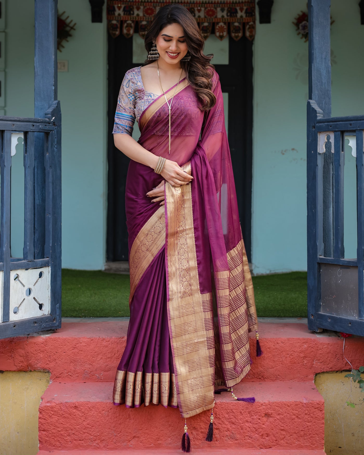 Majestic Plum Plain Chiffon Saree with Gold Zari Border, Printed Designer Blouse & Tassel Detailing