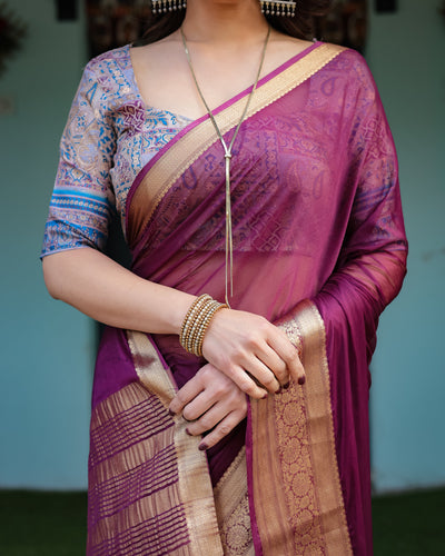 Majestic Plum Plain Chiffon Saree with Gold Zari Border, Printed Designer Blouse & Tassel Detailing