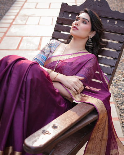 Majestic Plum Plain Chiffon Saree with Gold Zari Border, Printed Designer Blouse & Tassel Detailing