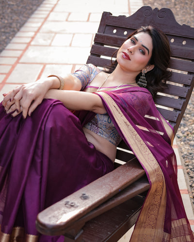 Majestic Plum Plain Chiffon Saree with Gold Zari Border, Printed Designer Blouse & Tassel Detailing