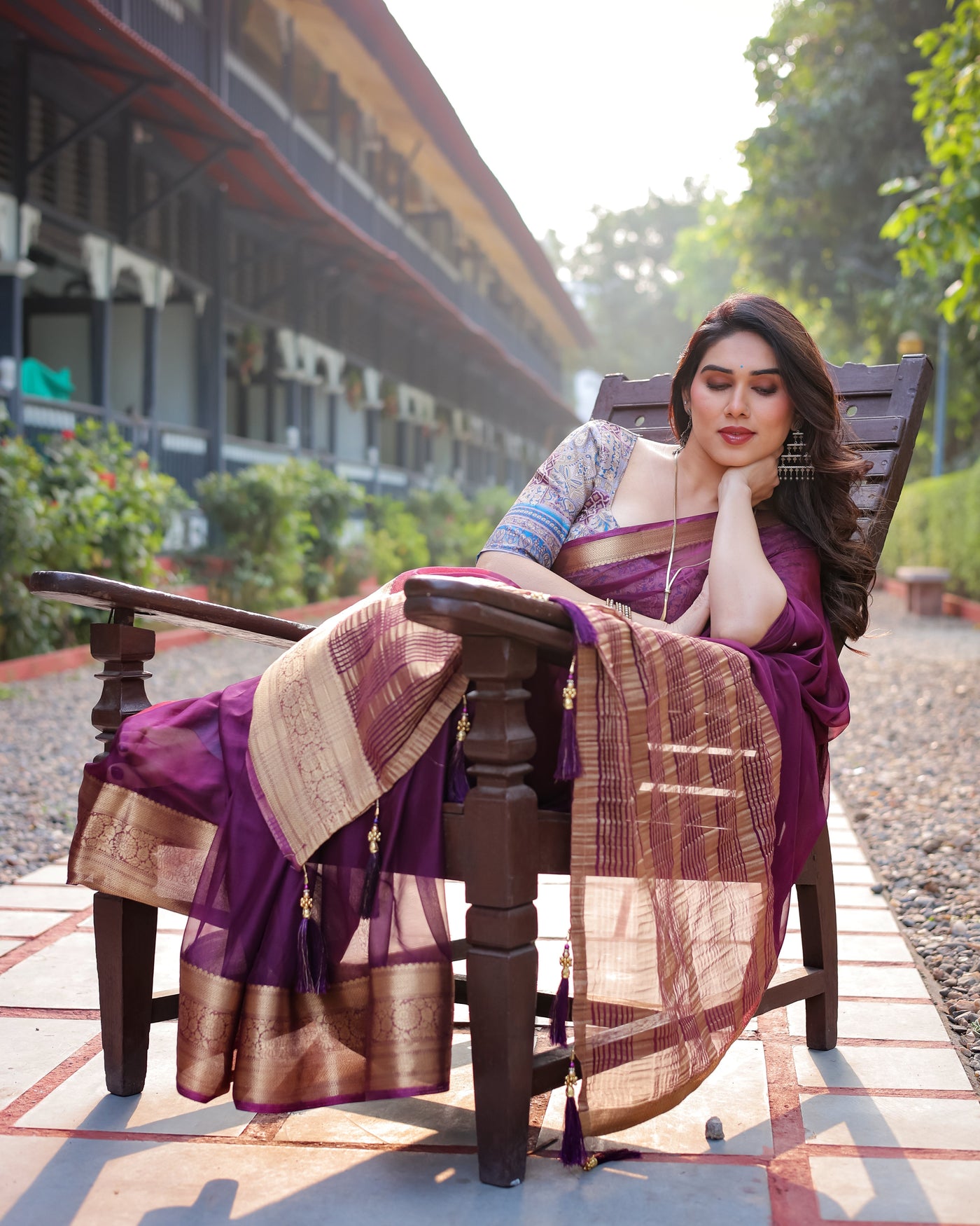 Majestic Plum Plain Chiffon Saree with Gold Zari Border, Printed Designer Blouse & Tassel Detailing