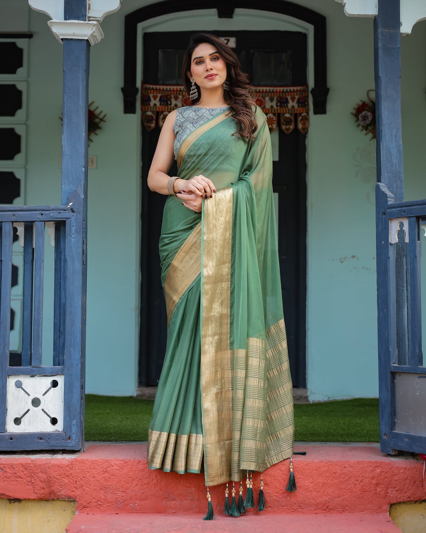 Mint Green Plain Chiffon Saree with Gold Zari Border, Geometric Printed Blouse & Tassel Detailing