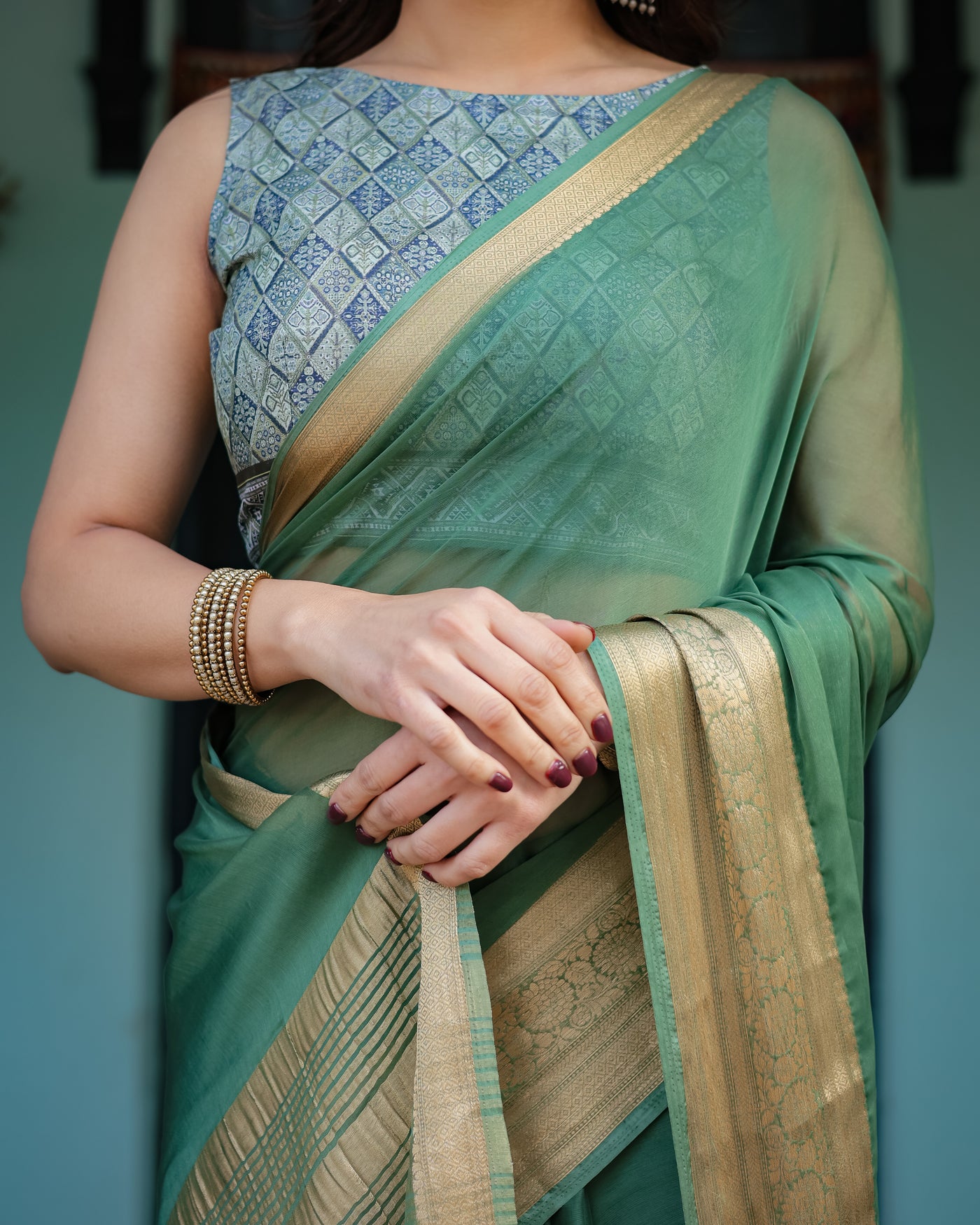 Mint Green Plain Chiffon Saree with Gold Zari Border, Geometric Printed Blouse & Tassel Detailing