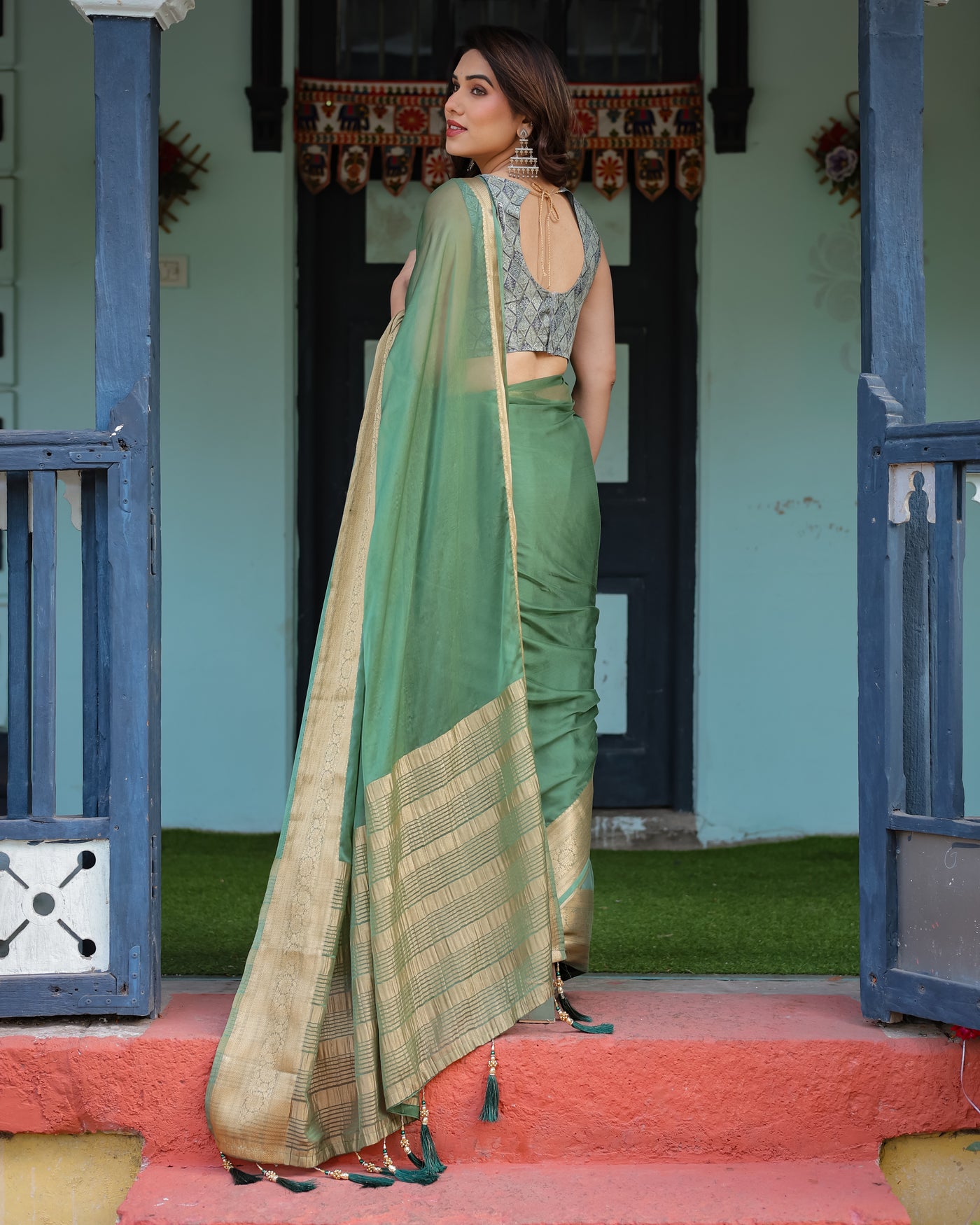 Mint Green Plain Chiffon Saree with Gold Zari Border, Geometric Printed Blouse & Tassel Detailing