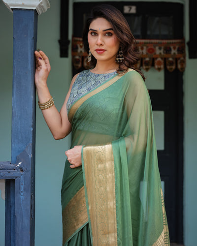 Mint Green Plain Chiffon Saree with Gold Zari Border, Geometric Printed Blouse & Tassel Detailing