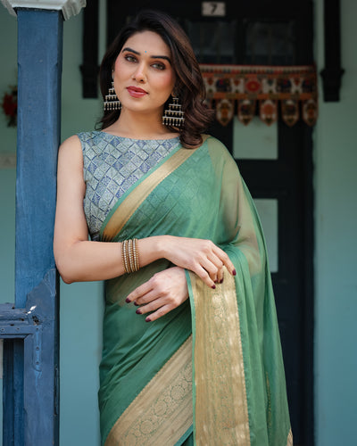 Mint Green Plain Chiffon Saree with Gold Zari Border, Geometric Printed Blouse & Tassel Detailing