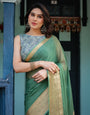 Mint Green Plain Chiffon Saree with Gold Zari Border, Geometric Printed Blouse & Tassel Detailing