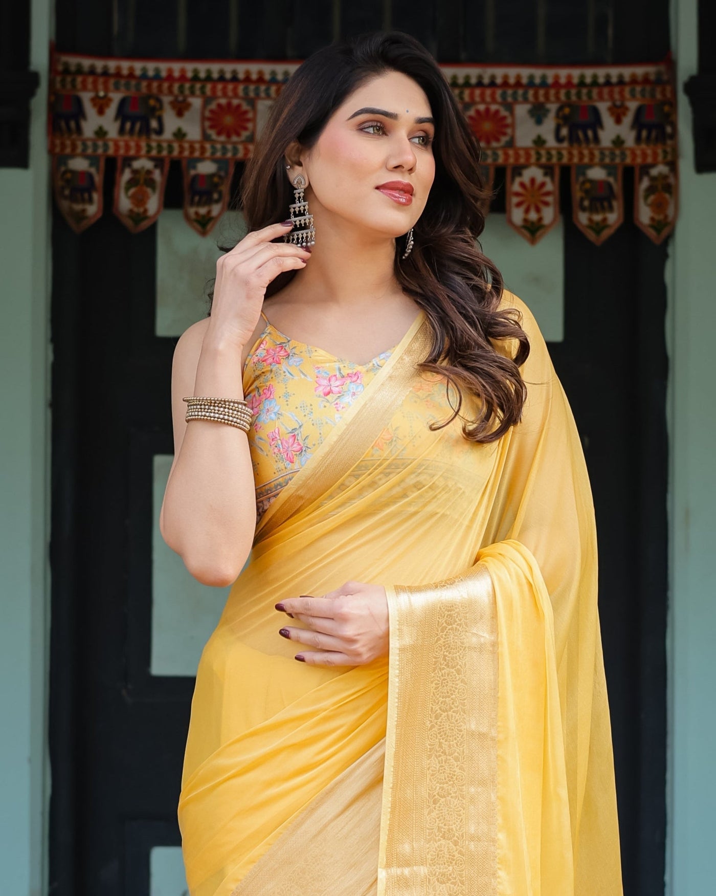 Golden Yellow Plain Chiffon Saree with Gold Zari Border, Floral Printed Blouse & Tassel Detailing