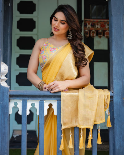 Golden Yellow Plain Chiffon Saree with Gold Zari Border, Floral Printed Blouse & Tassel Detailing