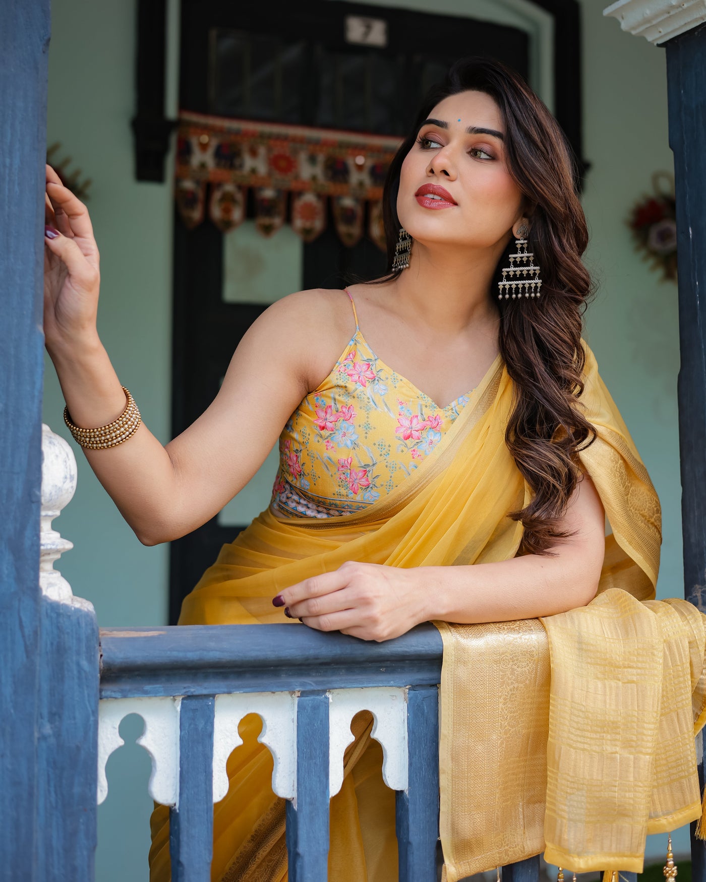 Golden Yellow Plain Chiffon Saree with Gold Zari Border, Floral Printed Blouse & Tassel Detailing