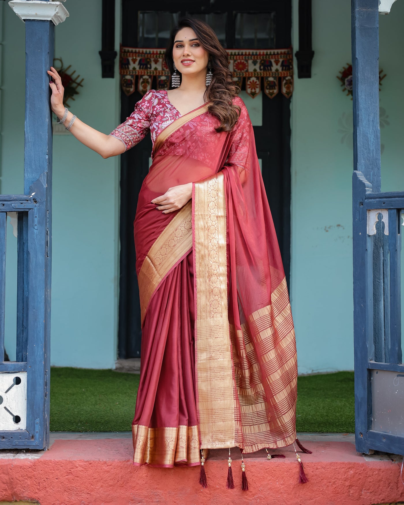 Elegant Maroon Plain Chiffon Saree with Gold Border, Printed Blouse & Tassel Detailing