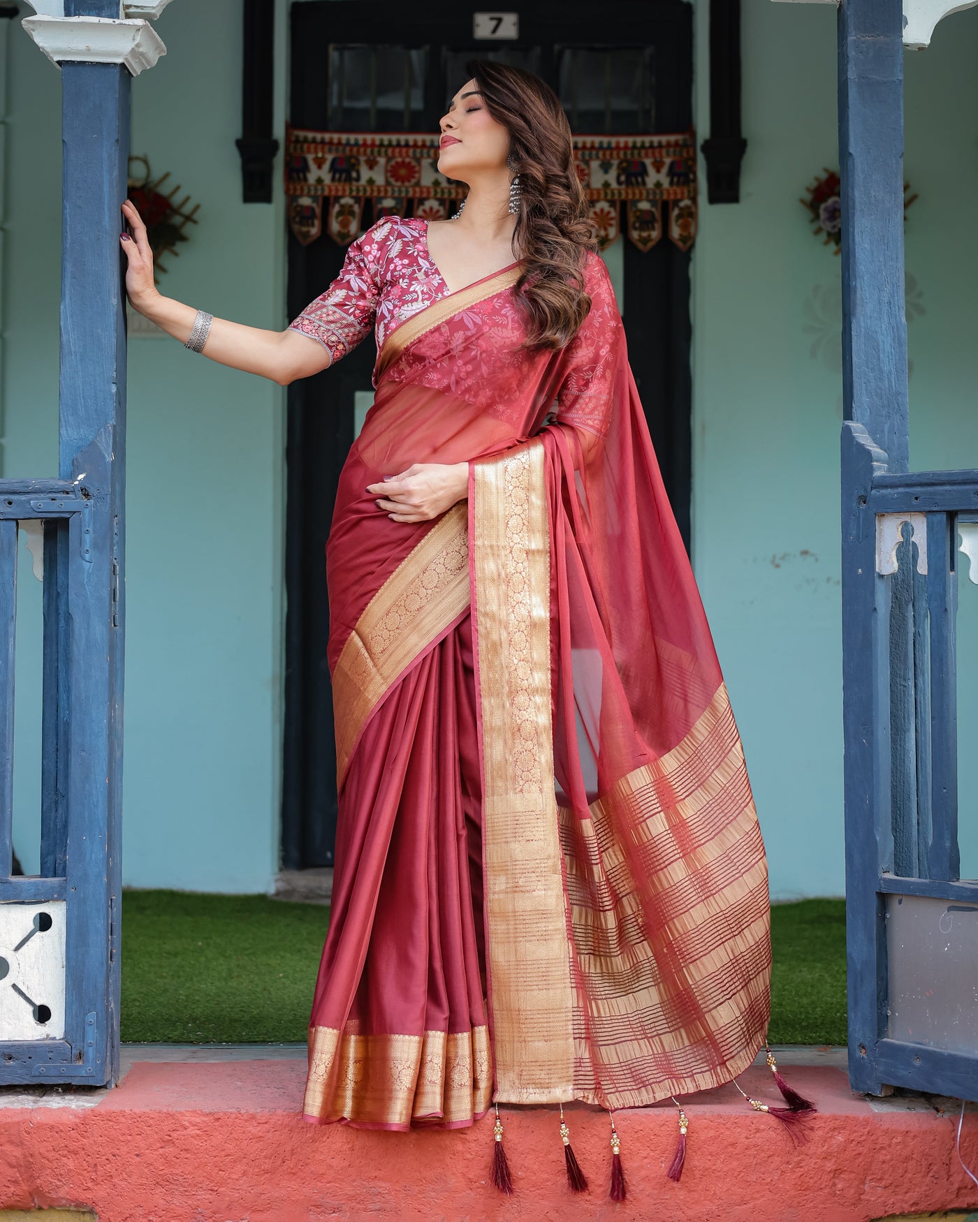 Elegant Maroon Plain Chiffon Saree with Gold Border, Printed Blouse & Tassel Detailing