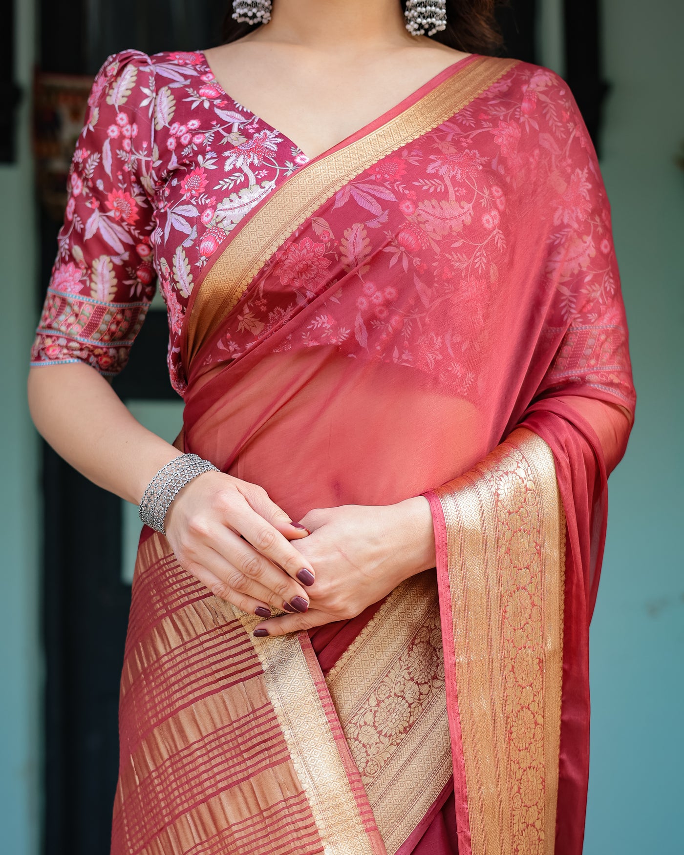 Elegant Maroon Plain Chiffon Saree with Gold Border, Printed Blouse & Tassel Detailing