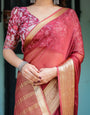 Elegant Maroon Plain Chiffon Saree with Gold Border, Printed Blouse & Tassel Detailing