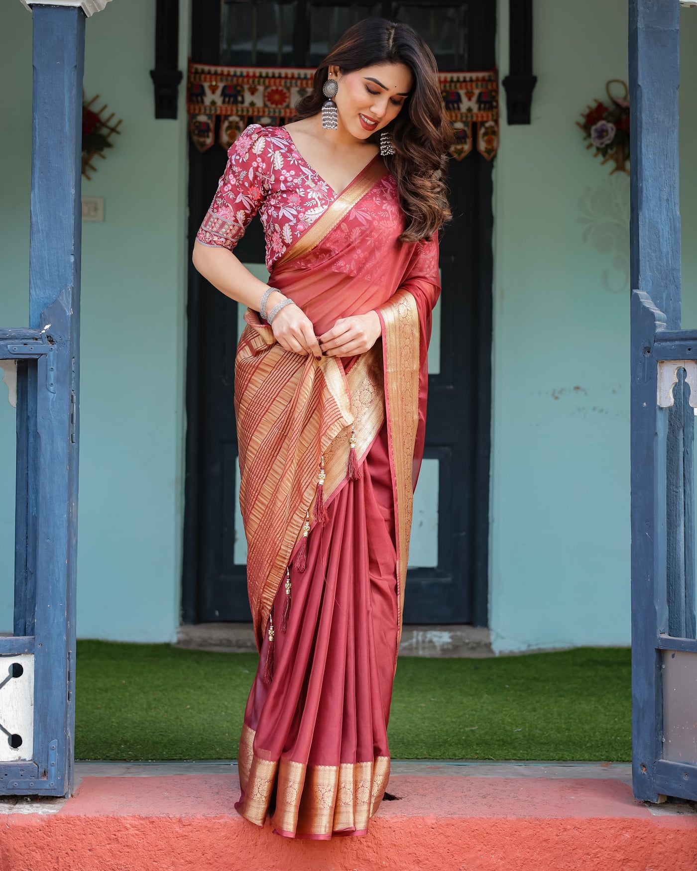 Elegant Maroon Plain Chiffon Saree with Gold Border, Printed Blouse & Tassel Detailing