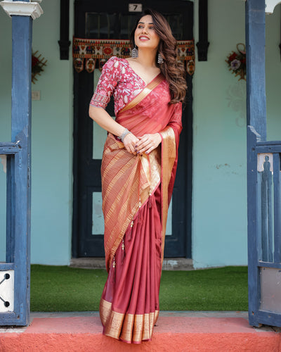 Elegant Maroon Plain Chiffon Saree with Gold Border, Printed Blouse & Tassel Detailing