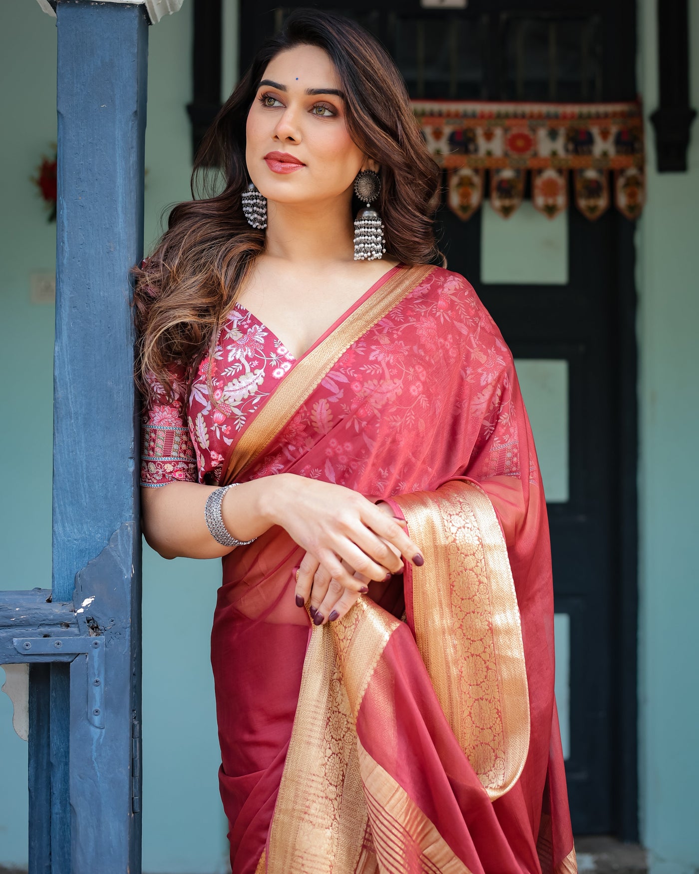 Elegant Maroon Plain Chiffon Saree with Gold Border, Printed Blouse & Tassel Detailing