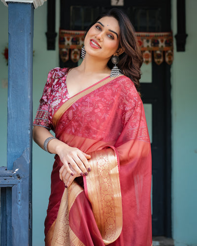 Elegant Maroon Plain Chiffon Saree with Gold Border, Printed Blouse & Tassel Detailing