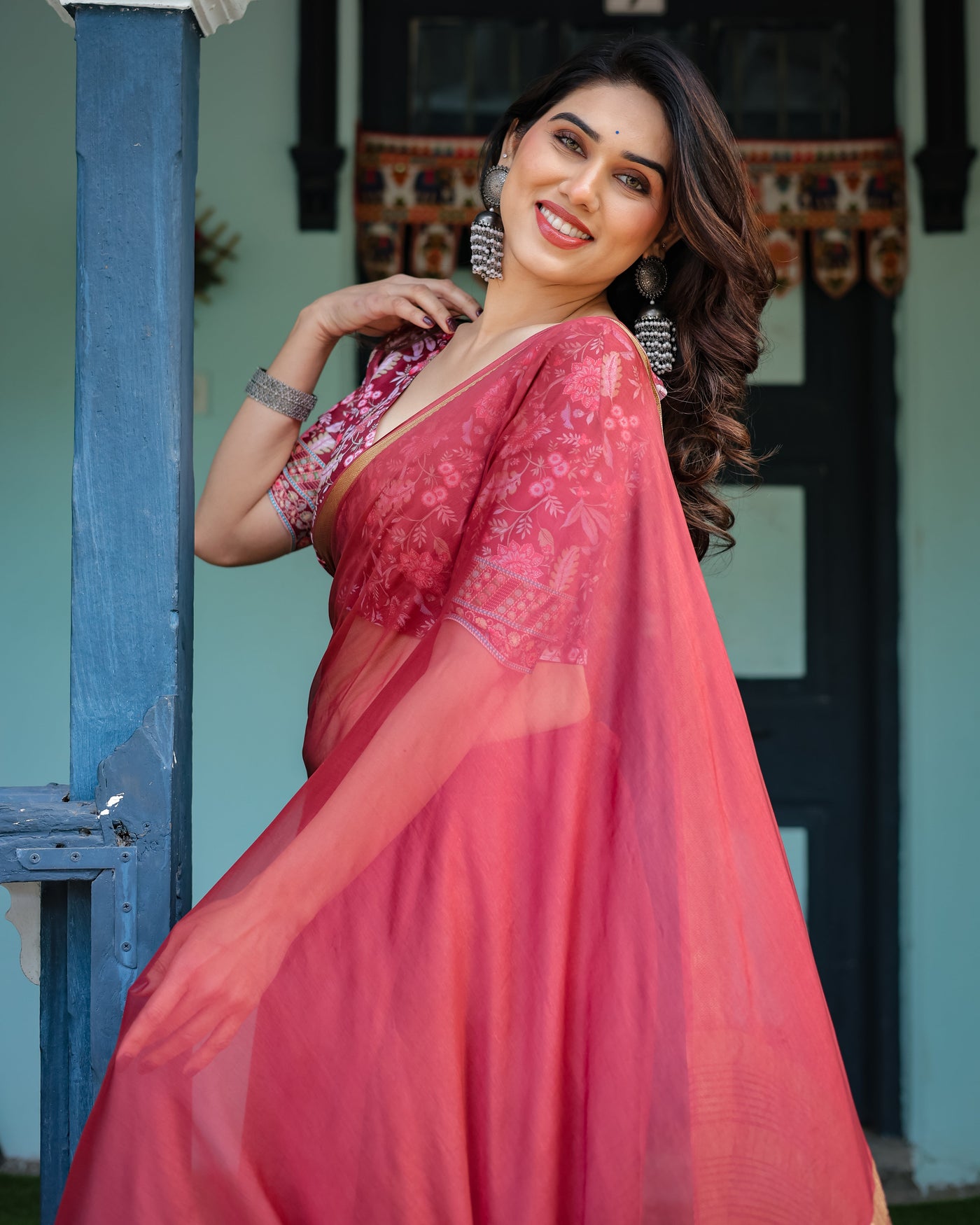 Elegant Maroon Plain Chiffon Saree with Gold Border, Printed Blouse & Tassel Detailing