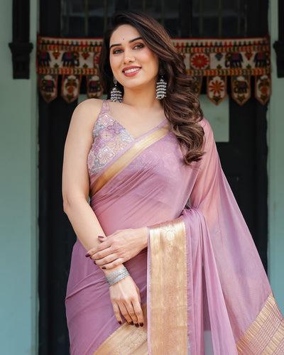 Lavender Plain Chiffon Saree with Gold Zari Border, Printed Blouse & Tassel Details