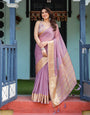 Lavender Plain Chiffon Saree with Gold Zari Border, Printed Blouse & Tassel Details