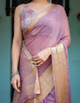 Lavender Plain Chiffon Saree with Gold Zari Border, Printed Blouse & Tassel Details