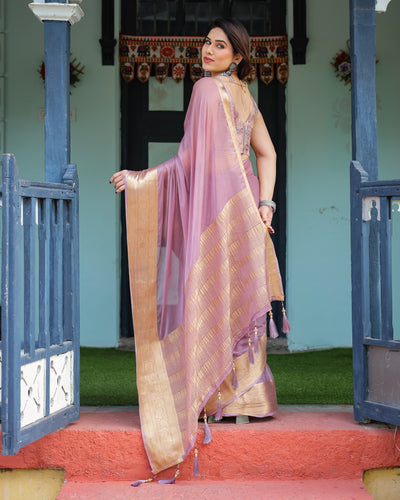 Lavender Plain Chiffon Saree with Gold Zari Border, Printed Blouse & Tassel Details