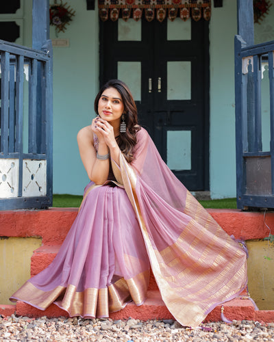 Lavender Plain Chiffon Saree with Gold Zari Border, Printed Blouse & Tassel Details