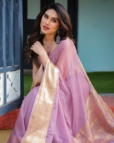 Lavender Plain Chiffon Saree with Gold Zari Border, Printed Blouse & Tassel Details