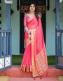 Ravishing Rani Pink Plain Chiffon Saree with Gold Zari Border, Floral Printed Blouse & Tassel Accents