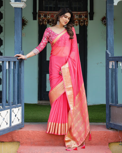 Ravishing Rani Pink Plain Chiffon Saree with Gold Zari Border, Floral Printed Blouse & Tassel Accents