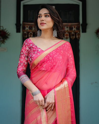 Ravishing Rani Pink Plain Chiffon Saree with Gold Zari Border, Floral Printed Blouse & Tassel Accents