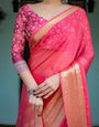 Ravishing Rani Pink Plain Chiffon Saree with Gold Zari Border, Floral Printed Blouse & Tassel Accents