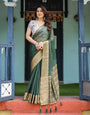 Elegant Bottle Green Plain Chiffon Saree with Gold Zari Border, Floral Printed Blouse & Tassel Finishing