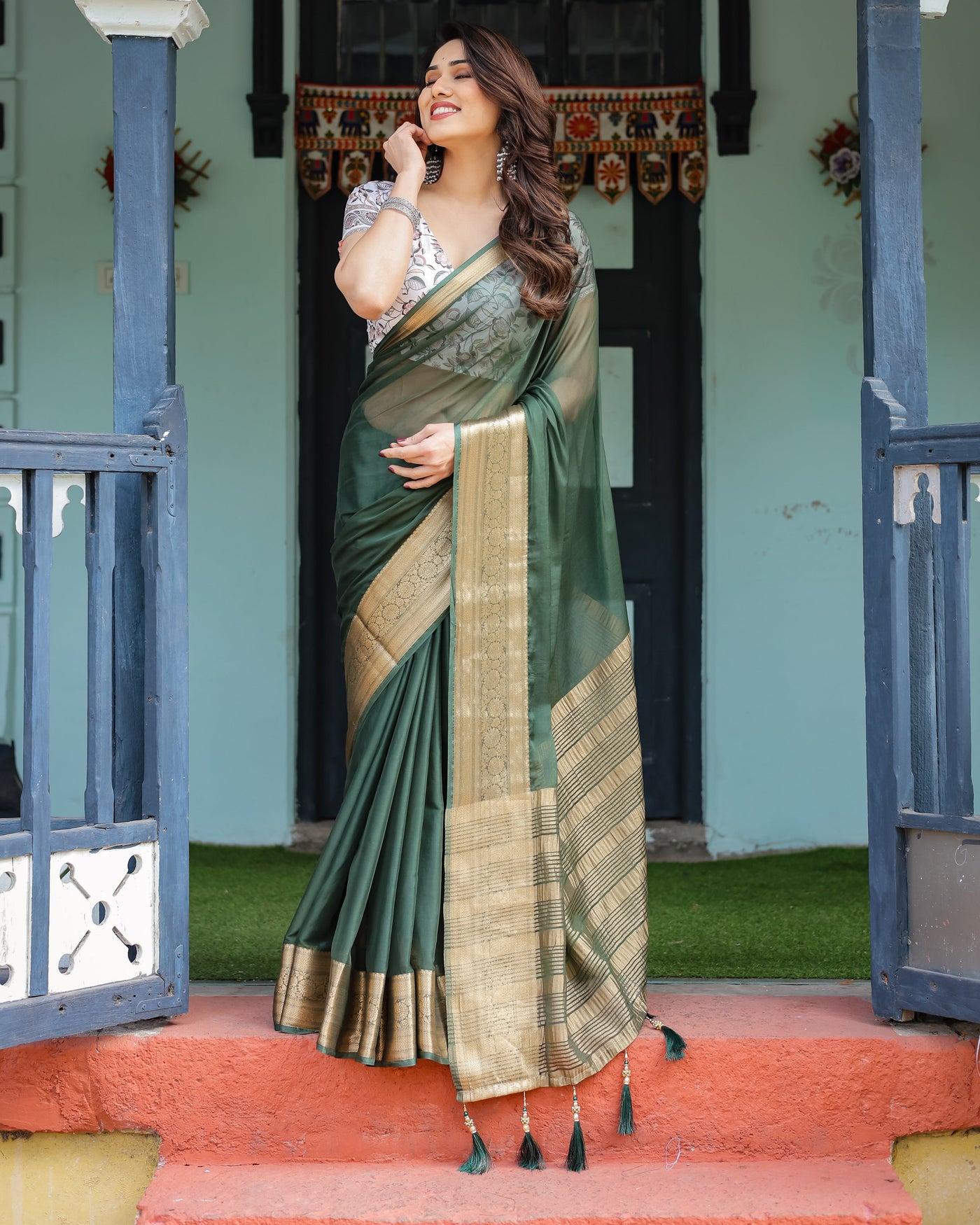 Elegant Bottle Green Plain Chiffon Saree with Gold Zari Border, Floral Printed Blouse & Tassel Finishing