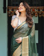 Elegant Bottle Green Plain Chiffon Saree with Gold Zari Border, Floral Printed Blouse & Tassel Finishing