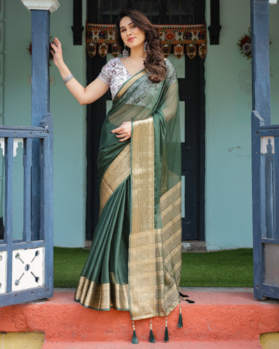 Elegant Bottle Green Plain Chiffon Saree with Gold Zari Border, Floral Printed Blouse & Tassel Finishing