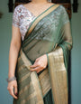 Elegant Bottle Green Plain Chiffon Saree with Gold Zari Border, Floral Printed Blouse & Tassel Finishing